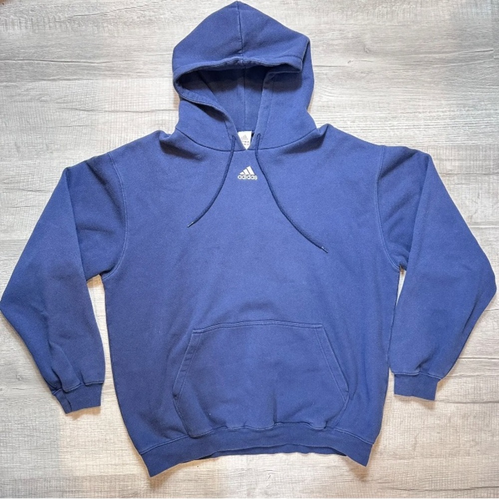 Vintage Adidas Hoodie Mens 2XL Blue Sweatshirt Embroidered Center Logo Sweater